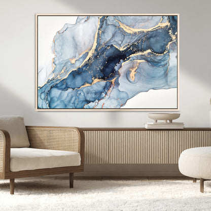33782-MGV-CV-36X24-Abstract Marble Wall Art – Blue & Gold Fluid Painting Canvas Print, Modern Home Decor for Living Room, Bedroom or Office
