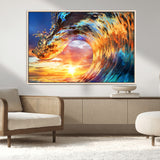 52890-MGV-FC-36X24_Natural-Surfing Wave Wall Art Canvas Print, Framed Sunset Ocean Art Picture Print, Ocean Wave Perfect Nautical Decor Artwork