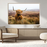 79391-MGV-CV-36X24-Majestic Highland Cow in Misty Scottish Moorland – Rustic Natural Charm, Perfect for Unique Home or Office Decor