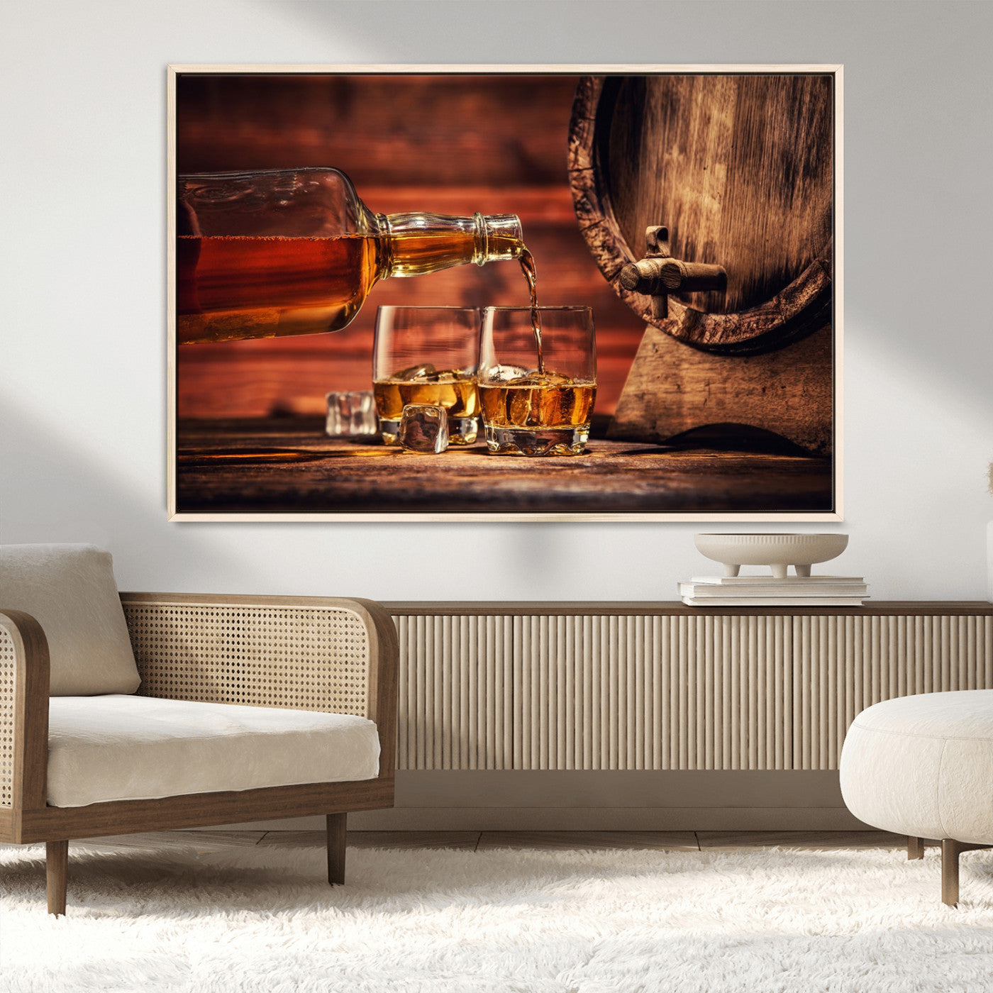 21266-MGV-FC-36X24_Natural-Pouring Whiskey into Glasses with Ice – Rustic Wooden Barrel Background, Warm Ambient Lighting, Ideal Decor for Home or Office