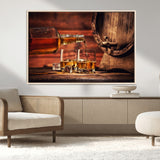 21266-MGV-FC-36X24_Natural-Pouring Whiskey into Glasses with Ice – Rustic Wooden Barrel Background, Warm Ambient Lighting, Ideal Decor for Home or Office