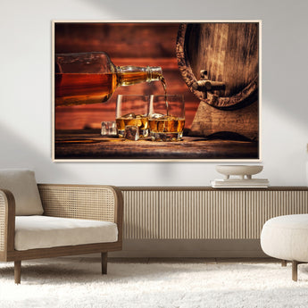 21266-MGV-FC-36X24_Natural-Pouring Whiskey into Glasses with Ice – Rustic Wooden Barrel Background, Warm Ambient Lighting, Ideal Decor for Home or Office
