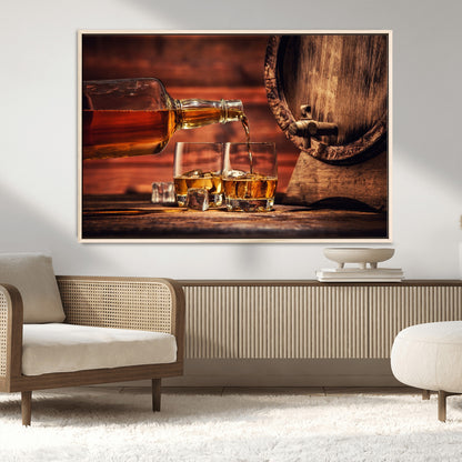 21266-MGV-FC-36X24_Natural-Pouring Whiskey into Glasses with Ice – Rustic Wooden Barrel Background, Warm Ambient Lighting, Ideal Decor for Home or Office