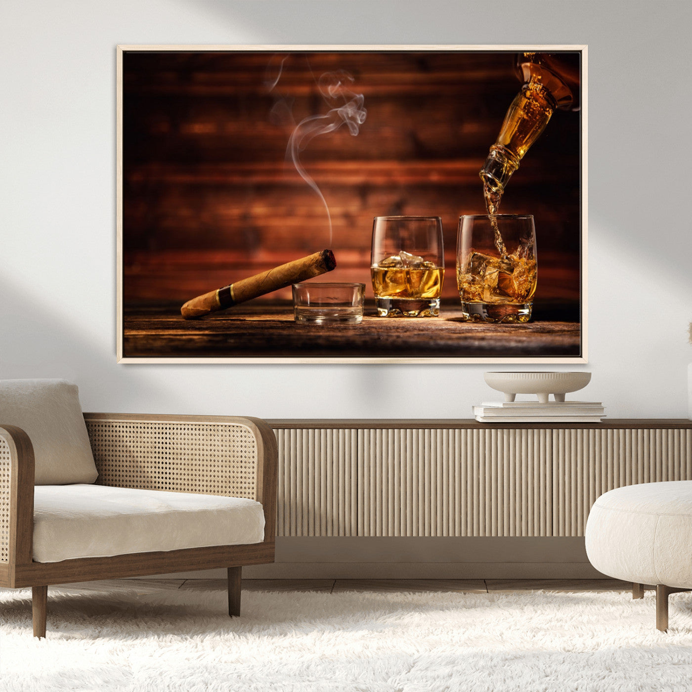 41139-MGV-CV-36X24-Whiskey and Cigar Still Life – Glasses with Ice and Pouring Amber Drink on Wooden Table with Smoke, Elegant Bar or Lounge Wall