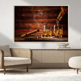 41139-MGV-CV-36X24-Whiskey and Cigar Still Life – Glasses with Ice and Pouring Amber Drink on Wooden Table with Smoke, Elegant Bar or Lounge Wall
