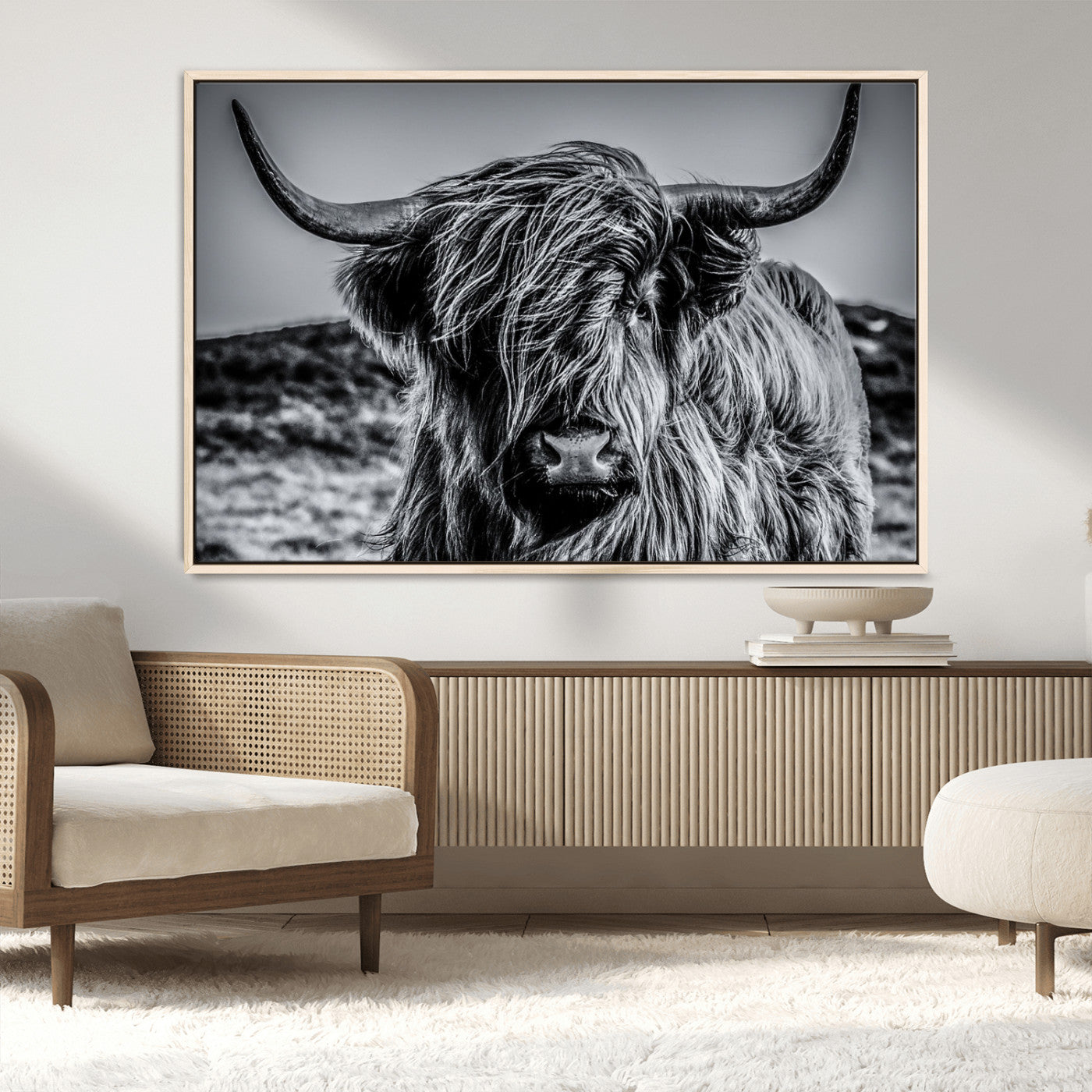 97372-MGV-FC-36X24_Natural-Elegant Highland Cow Wall Art – Black and White Canvas Print, Rustic Nature Decor for Home, Office, Living Room or Man Cave
