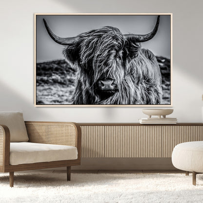 97372-MGV-FC-36X24_Natural-Elegant Highland Cow Wall Art – Black and White Canvas Print, Rustic Nature Decor for Home, Office, Living Room or Man Cave