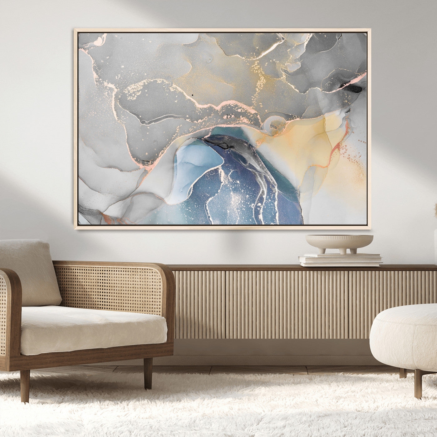 63211-MGV-FC-36X24_Natural-Abstract Fluid Art Wall Decor – Blue, Gray & Gold Canvas Print, Modern Home and Office Wall Art Decor for Living Room, Bedroom or
