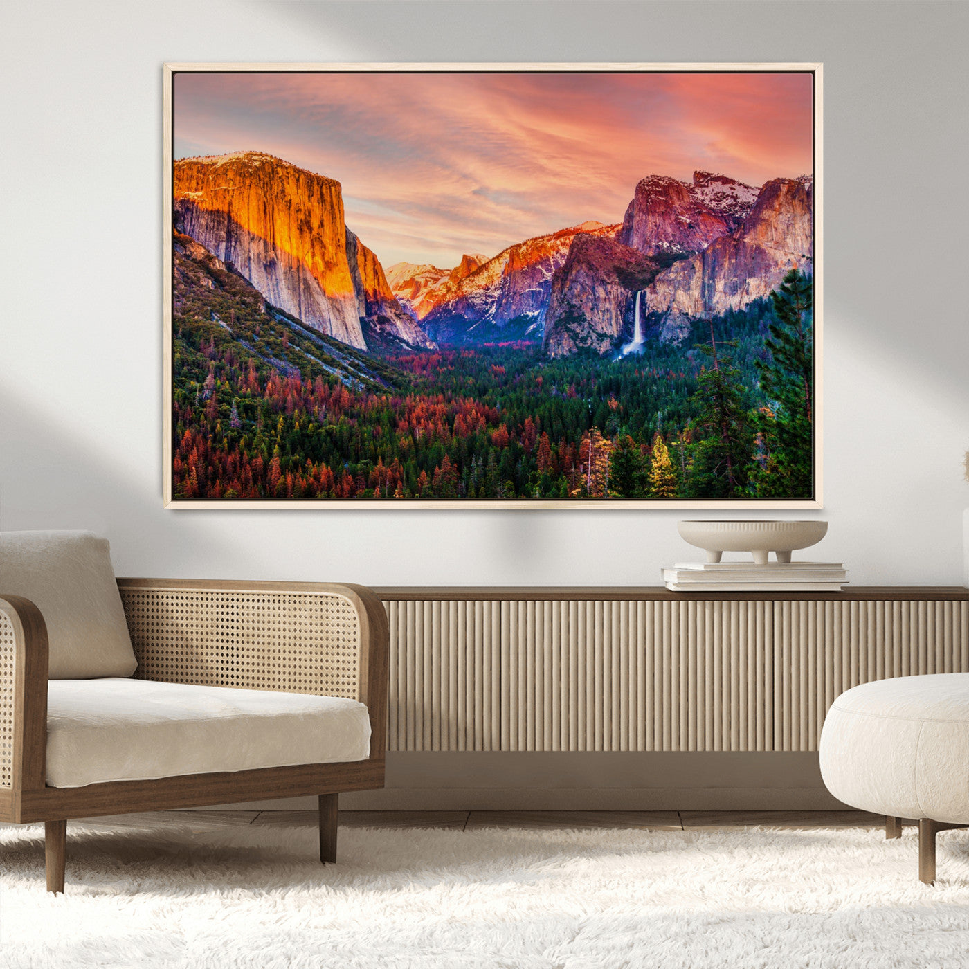 24519-MGV-CV-36X24-Yosemite Valley Sunset Wall Art – Majestic Mountain Landscape with Waterfall and Vibrant Sky, Nature Photography for Home or