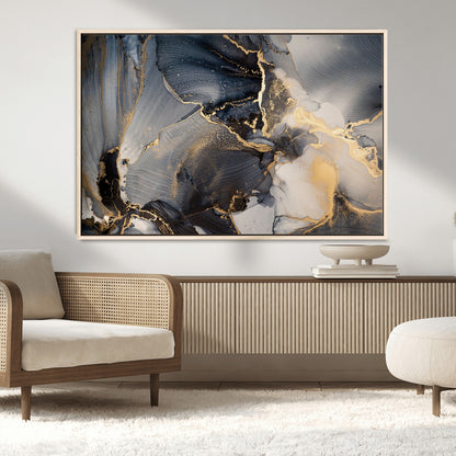 24068-MGV-CV-36X24-Luxury Abstract Wall Art – Gold & Gray Fluid Ink Painting Canvas, Modern Metallic Home Decor, Elegant Office or Living Room Accent