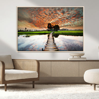 29105-MGV-CV-36X24-Rustic Wooden Bridge Wall Art – Scenic Sunset Over Rice Fields and Reflective Water Canvas Print, Nature Landscape Decor for