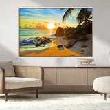 26181-MGV-CV-36X24-Golden Tropical Sunset Beach Wall Art – Ocean Canvas Print with Palm Trees and Rocks, Coastal Paradise Decor for Living Room or