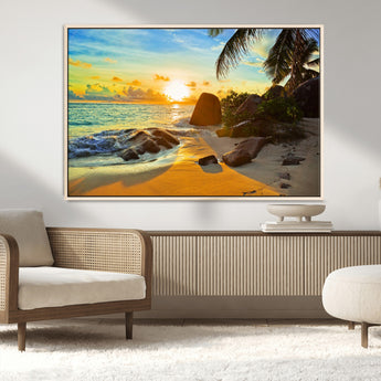 26181-MGV-CV-36X24-Golden Tropical Sunset Beach Wall Art – Ocean Canvas Print with Palm Trees and Rocks, Coastal Paradise Decor for Living Room or