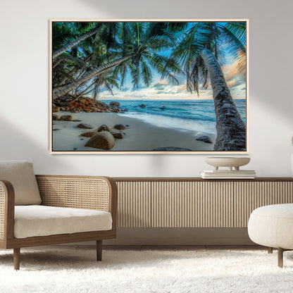 39679-MGV-CV-36X24-Tropical Palm Beach Wall Art – Serene Ocean Canvas Print with Palm Trees and Rocks, Coastal Paradise Decor for Living Room or