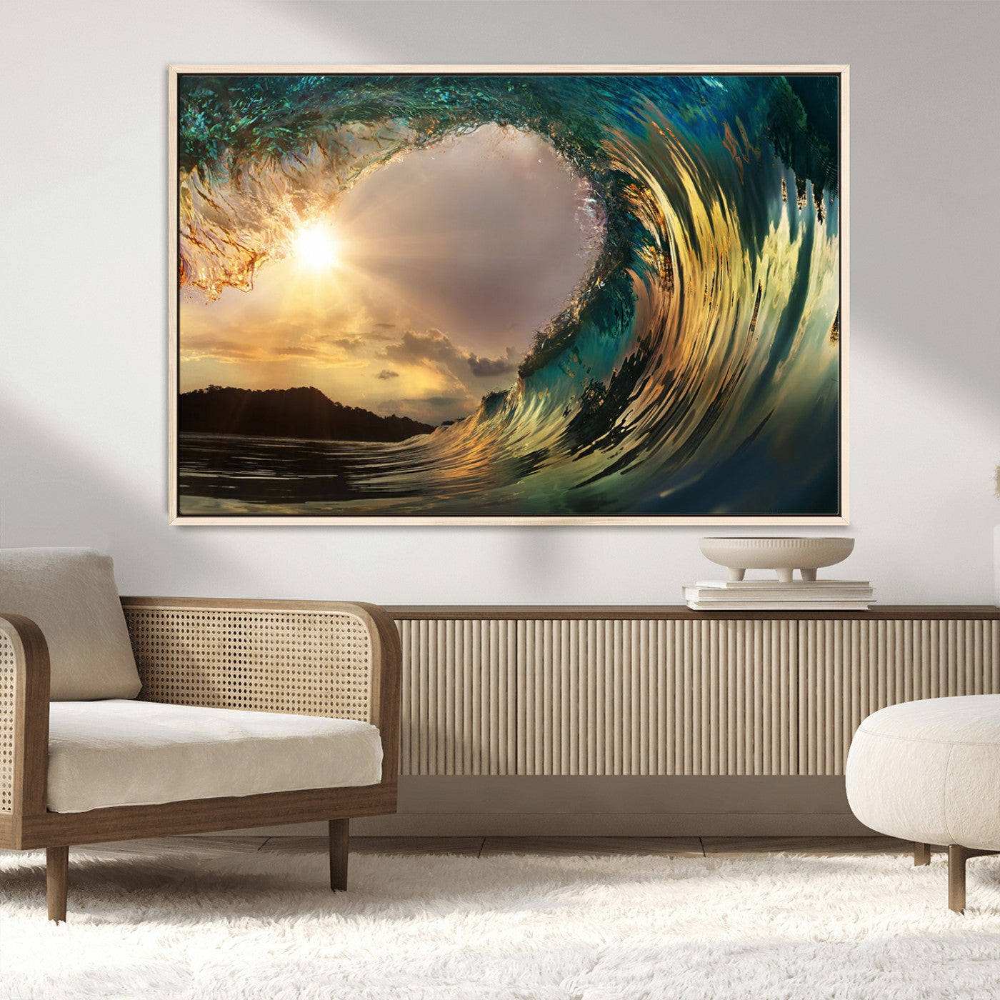 38256-MGV-CV-36X24-Ocean Wave Wall Art – Stunning Sunrise Through Curling Wave Canvas Print, Coastal Surf Photography Seascape Decor for Living Room,