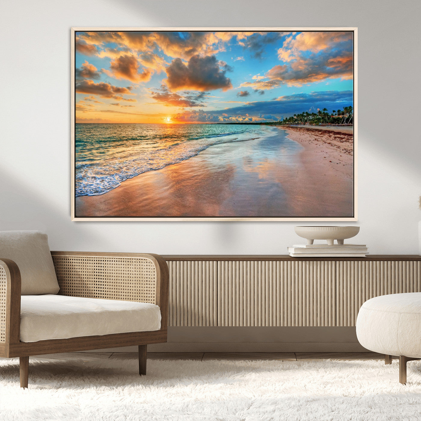 41572-MGV-CV-36X24-Sunset Beach Wall Art – Ocean Waves and Palm Trees Canvas Print, Tropical Coastal Sunset Seascape Decor for Living Room, Bedroom