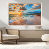 41572-MGV-CV-36X24-Sunset Beach Wall Art – Ocean Waves and Palm Trees Canvas Print, Tropical Coastal Sunset Seascape Decor for Living Room, Bedroom