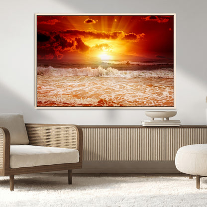 60211-MGV-CV-36X24-Fiery Sunset Ocean Waves Canvas Print – Vibrant Red & Orange Coastal Wall Art, Dramatic Seascape Decor