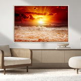 60211-MGV-CV-36X24-Fiery Sunset Ocean Wall Art – Red Sky Seascape Canvas Print with Waves, Bold Coastal Sunset Decor for Living Room or Bedroom