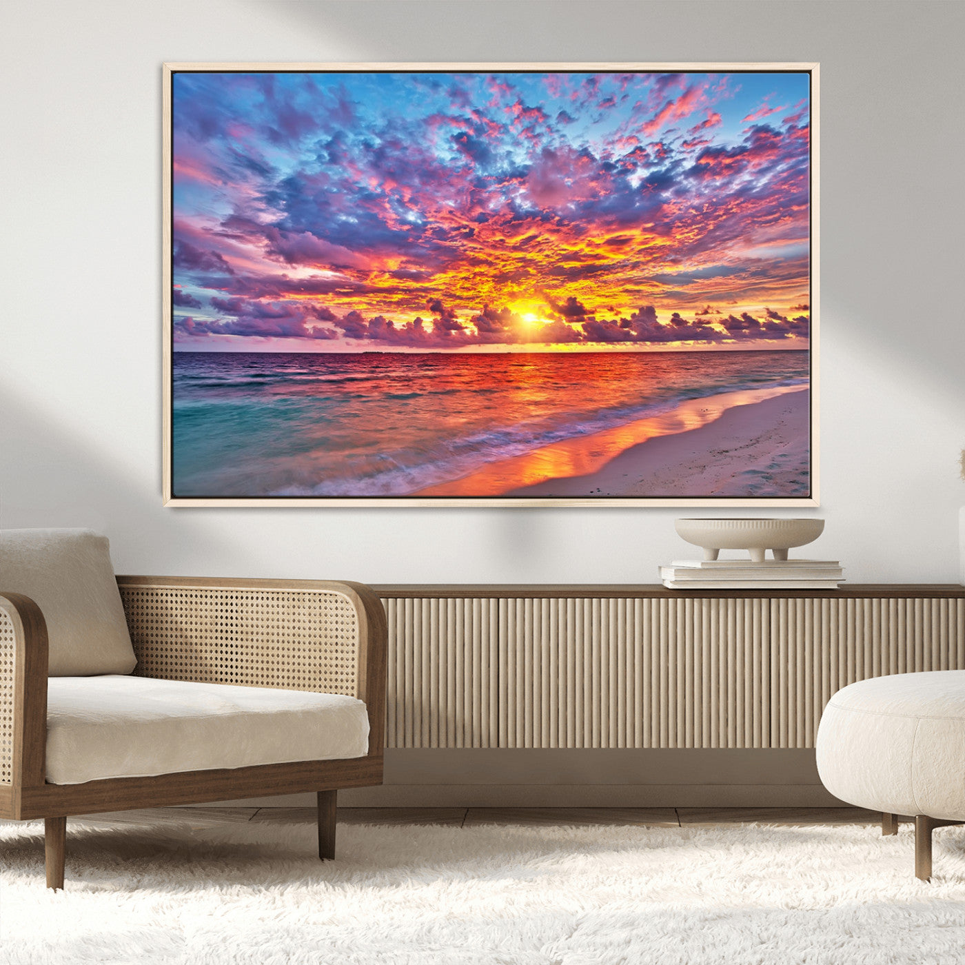 72836-MGV-CV-36X24-Fiery Sunset Beach Wall Art – Panoramic Vibrant Ocean Canvas Print, Dramatic Coastal Decor for Living Room, Bedroom or Office