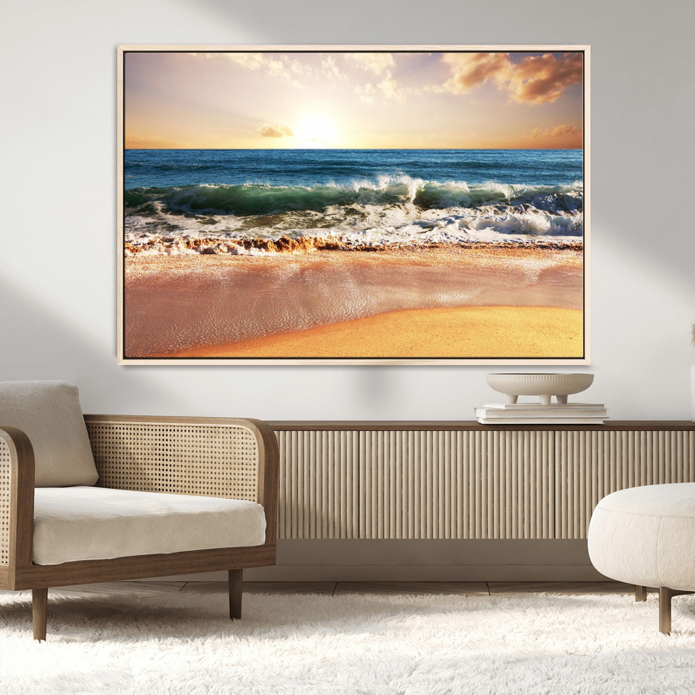 79005-MGV-CV-36X24-Golden Sunrise Ocean Waves Wall Art – Panoramic Seashore Canvas Print, Calming Coastal Decor for Home, Office or Relaxation Space