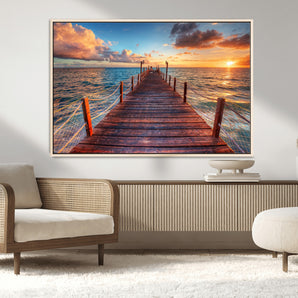 28836-MGV-CV-36X24-Ocean Pier Sunset Wall Art – Wooden Dock and Golden Horizon Canvas Print, Coastal Seascape Photography for Living Room, Bedroom,