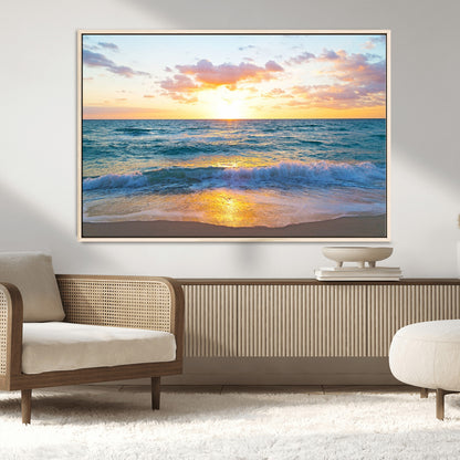 78006-MGV-CV-36X24-Golden Sunrise Ocean Wall Art – Panoramic Beach Waves Canvas Print, Coastal Seascape Artwork for Living Room, Bedroom, Office, or