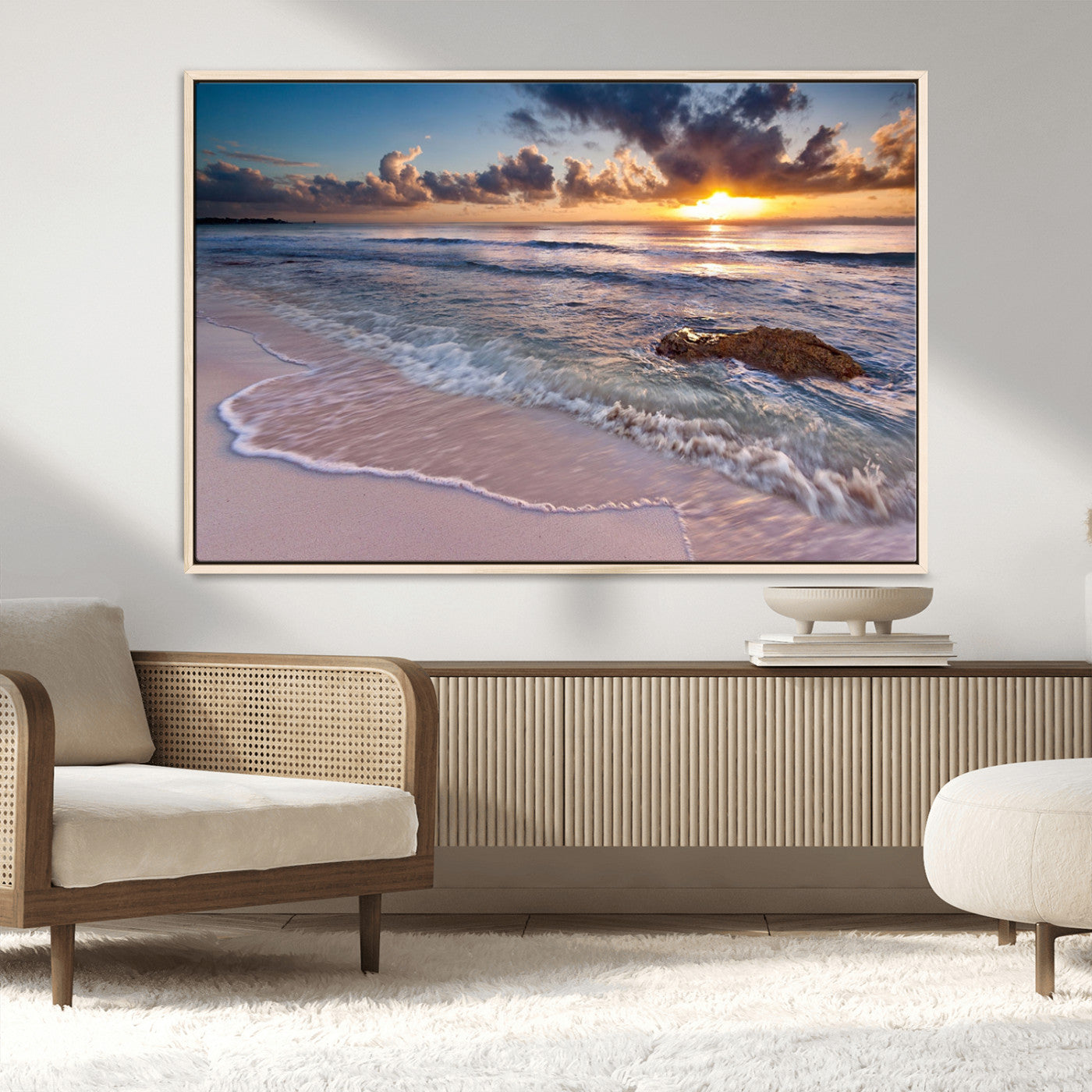 94906-MGV-CV-36X24-Sunrise Beach Wall Art – Panoramic Ocean Waves Canvas Print, Coastal Sunset Seascape Artwork for Living Room, Bedroom, or Office