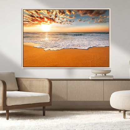 15399-MGV-CV-36X24-Golden Sunrise Beach Wall Art – Ocean Waves on Sandy Shore Canvas Print, Coastal Seascape Decor for Living Room or Bedroom