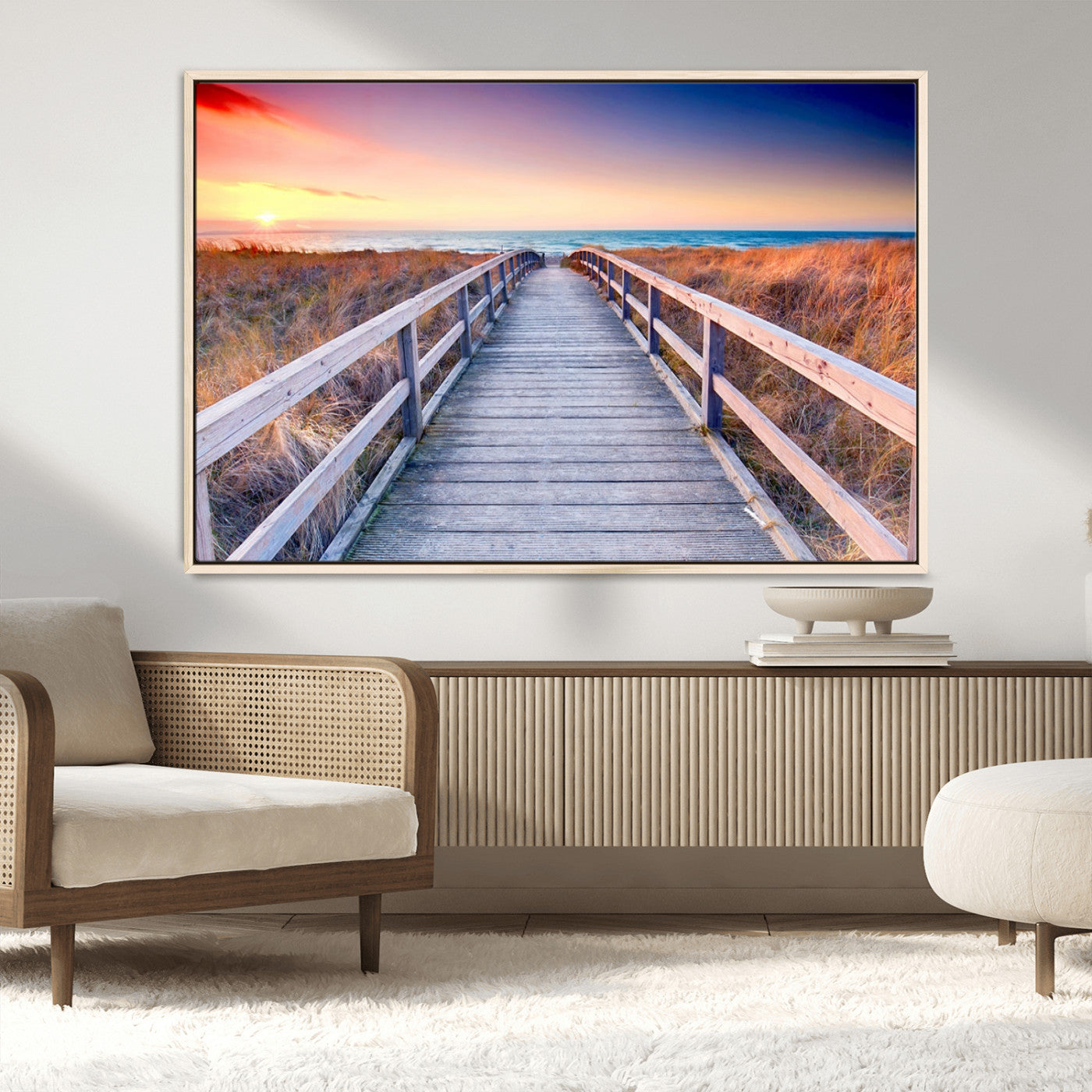60625-MGV-CV-36X24-Beach Boardwalk Sunrise Wall Art – Coastal Pathway to Ocean Canvas Print, Seaside Landscape Decor for Home or Office