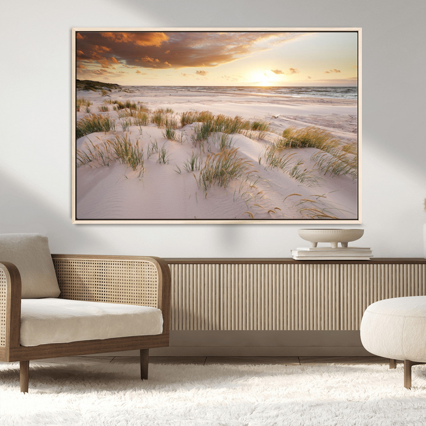 61246-MGV-CV-36X24-Coastal Sand Dunes Wall Art – Serene Beach Sunset Canvas Print with Grasses and Ocean View, Tranquil Seaside Decor for Living Room