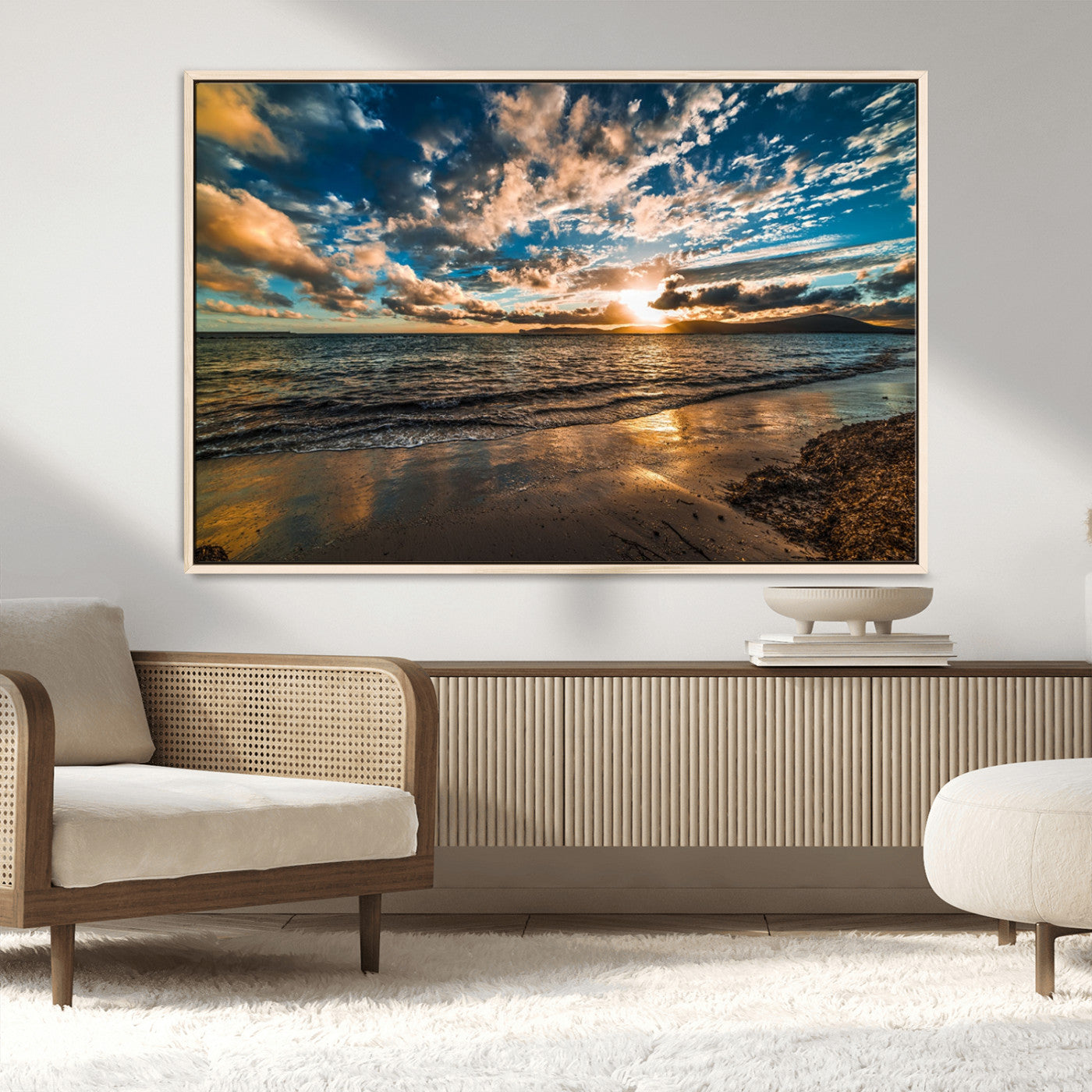 27977-MGV-CV-36X24-Golden Sunset Beach Wall Art – Dramatic Ocean Waves and Colorful Sky Canvas Print, Coastal Landscape Decor for Living Room,