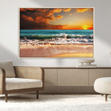72948-MGV-CV-36X24-Ocean Sunset Wave Wall Art – Dramatic Seascape Canvas Print with Golden Sky and Crashing Waves, Coastal Beach Decor for Living