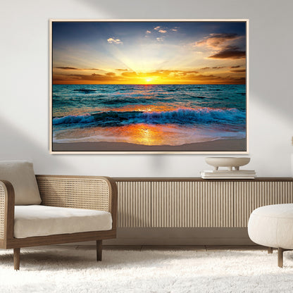 50627-MGV-CV-36X24-Ocean Sunset Wall Art – Serene Beach Canvas Print with Waves and Golden Sky, Coastal Decor for Living Room or Office