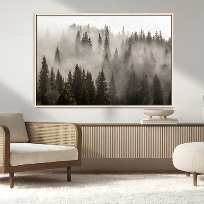 62862-MGV-CV-36X24-Misty Forest Wall Art – Tranquil Pine Tree Canvas Print with Mountain Fog, Nature Landscape Artwork for Living Room, Bedroom, or