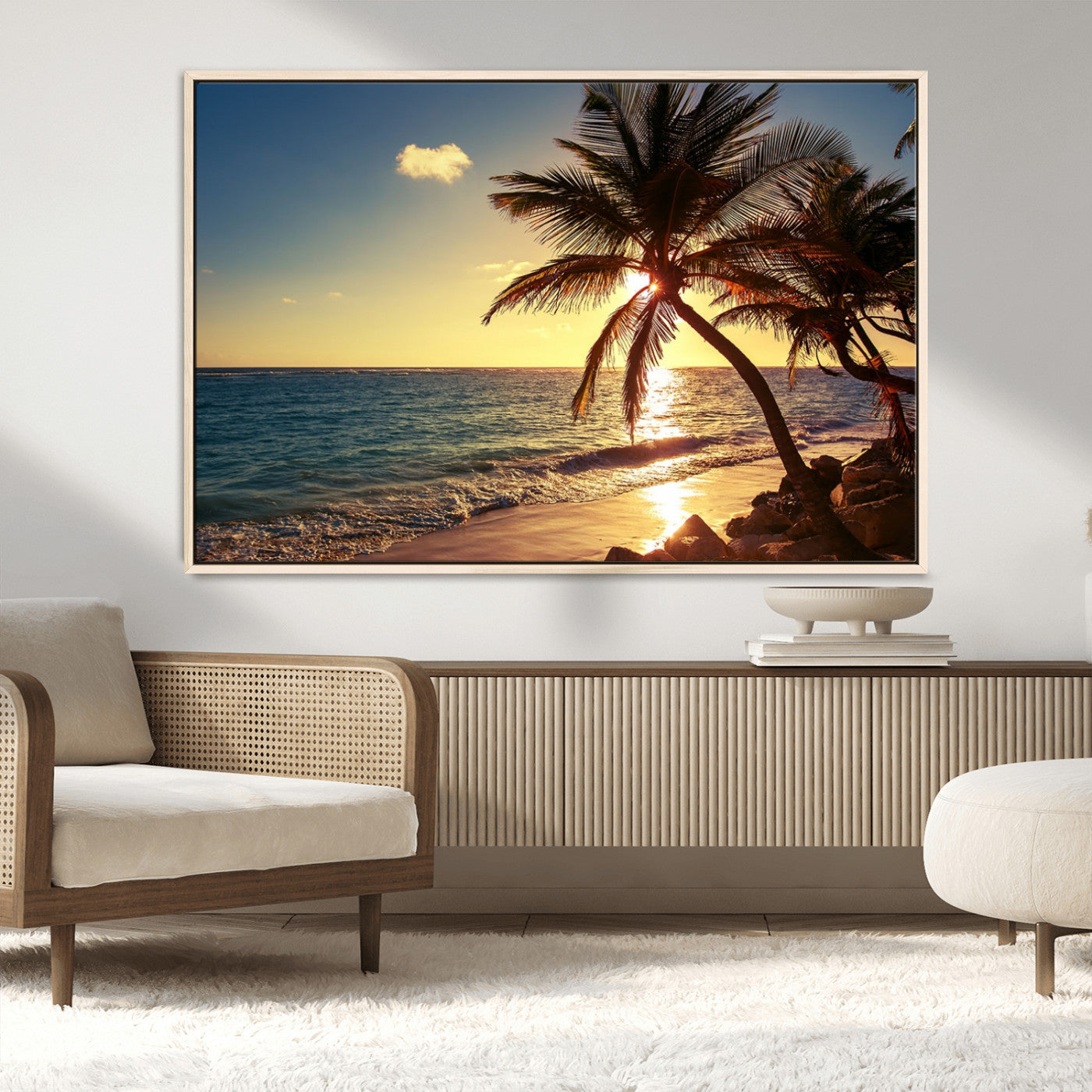 82710-MGV-CV-36X24-Palm Tree Sunset Beach Wall Art – Tropical Ocean Canvas Print, Coastal Paradise Seascape Decor for Living Room or Office Wall