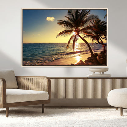 82710-MGV-CV-36X24-Palm Tree Sunset Beach Wall Art – Tropical Ocean Canvas Print, Coastal Paradise Seascape Decor for Living Room or Office Wall