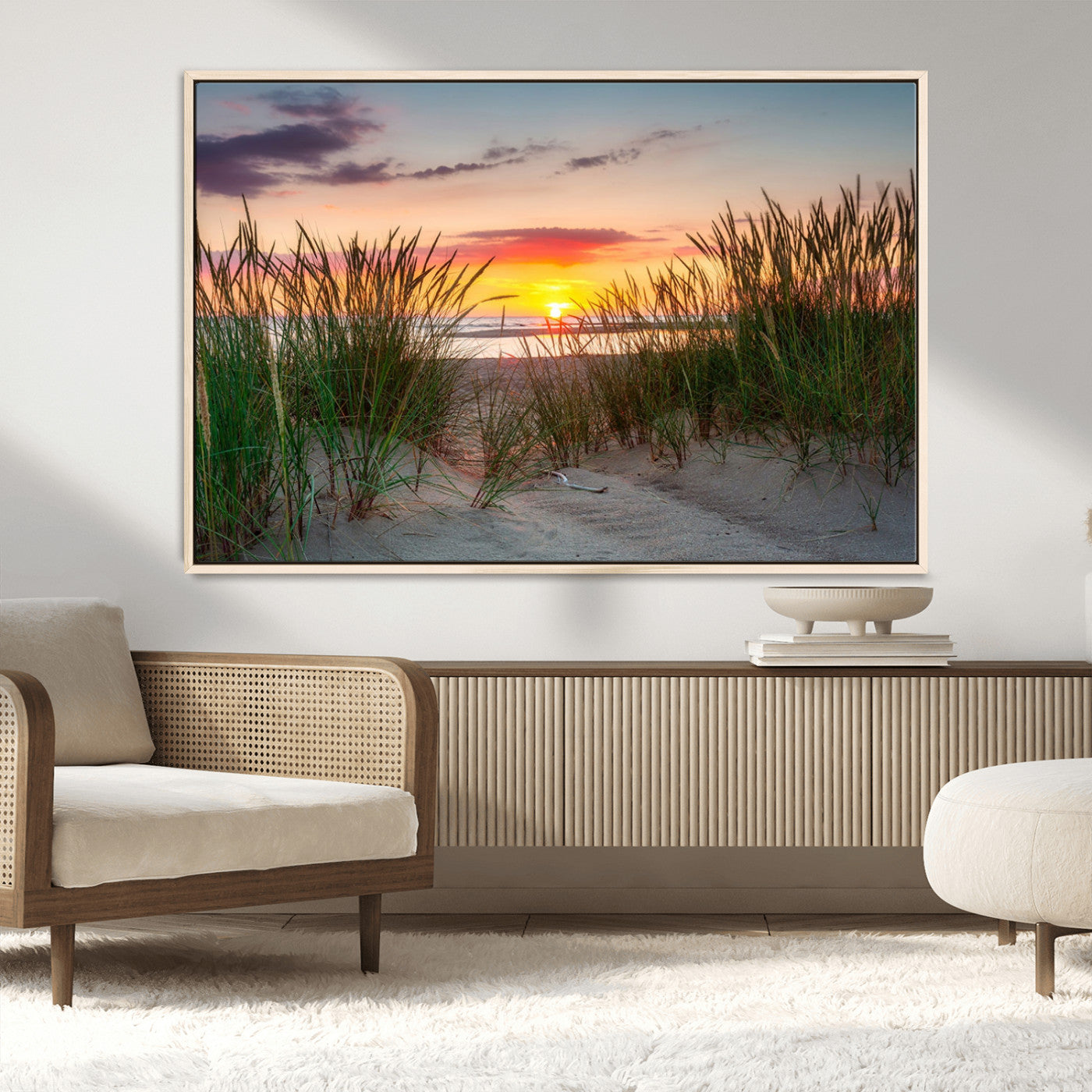 25576-MGV-CV-36X24-Beach Grass Sunset Wall Art – Coastal Sand Dune Landscape Canvas Print, Ocean View Nature Decor for Living Room or Office Wall