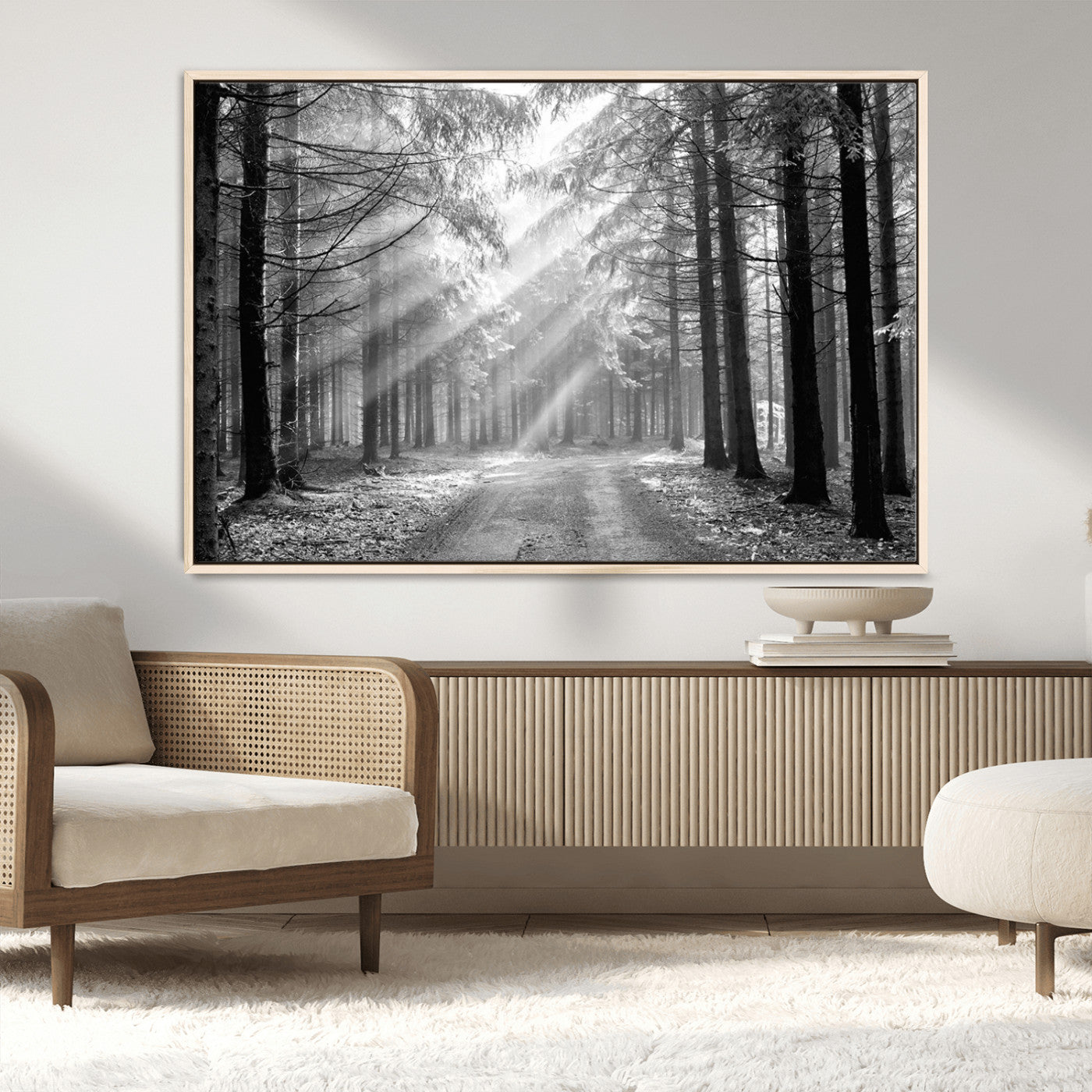 39665-MGV-CV-36X24-Black and White Forest Path Wall Art – Sunlight Rays in Trees Canvas Print, Nature Landscape Decor for Living Room or Office