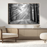 39665-MGV-CV-36X24-Black and White Forest Path Wall Art – Sunlight Rays in Trees Canvas Print, Nature Landscape Decor for Living Room