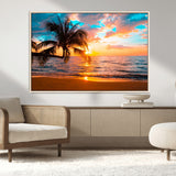 34674-MGV-CV-36X24-Tropical Sunset Beach Wall Art – Palm Tree Ocean Canvas Print, Coastal Seascape Decor for Living Room or Office Wall