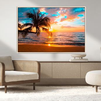 34674-MGV-CV-36X24-Tropical Sunset Beach Wall Art – Palm Tree Ocean Canvas Print, Coastal Seascape Decor for Living Room or Office Wall