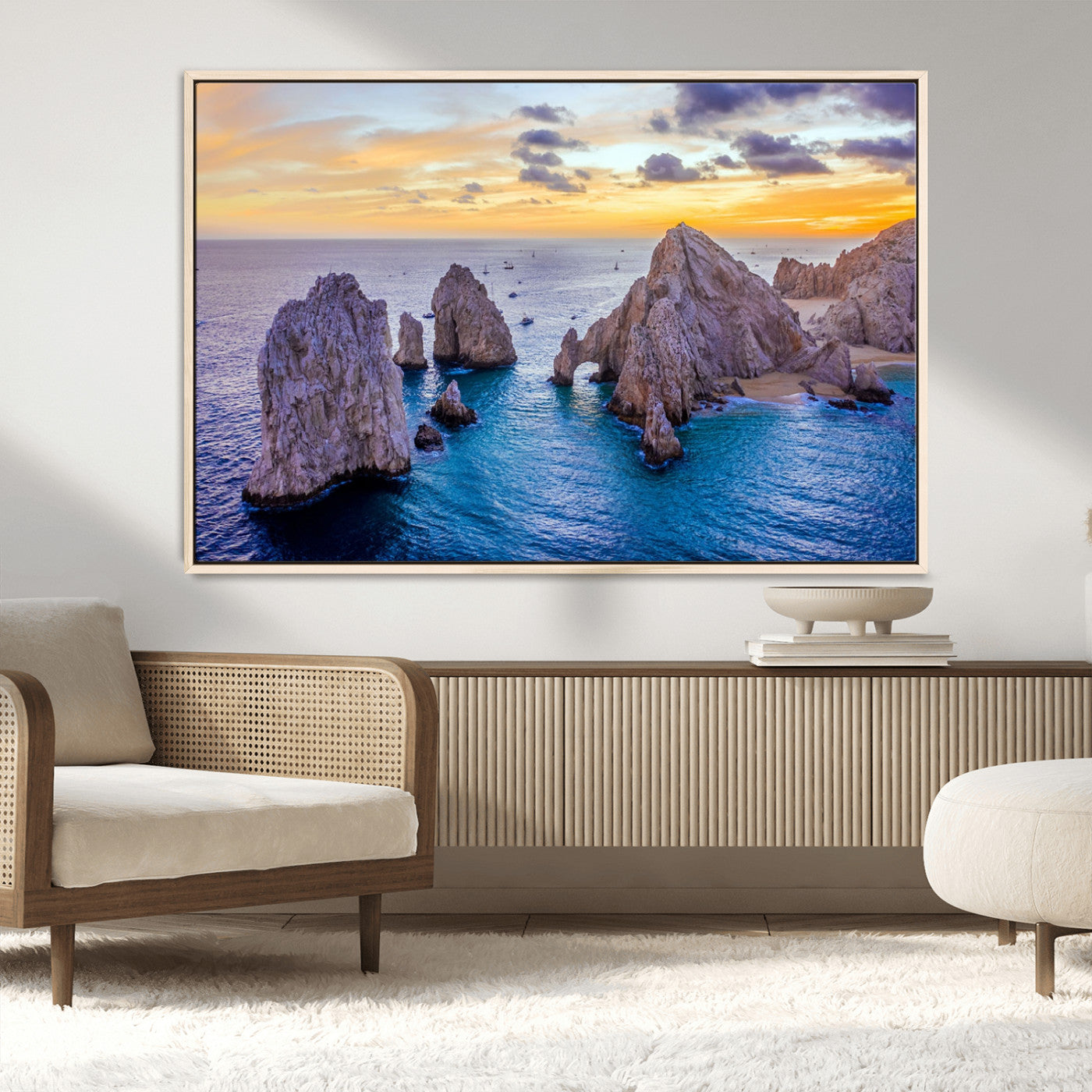 72955-MGV-CV-36X24-Ocean Rock Formation Wall Art – Sunset Coastal Seascape Print, Beach Landscape Decor for Living Room or Office