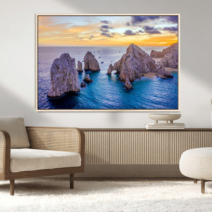 72955-MGV-CV-36X24-Ocean Rock Formation Wall Art – Sunset Coastal Seascape Print, Beach Landscape Decor for Living Room or Office