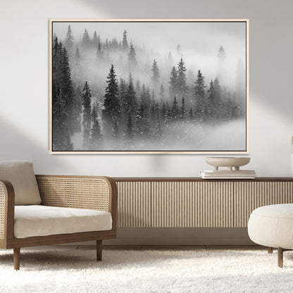57235-MGV-FC-36X24_Natural-Misty Pine Forest Wall Art – Black and White Mountain Landscape Canvas Print, Nature Woodland Decor for Living Room, Bedroom or