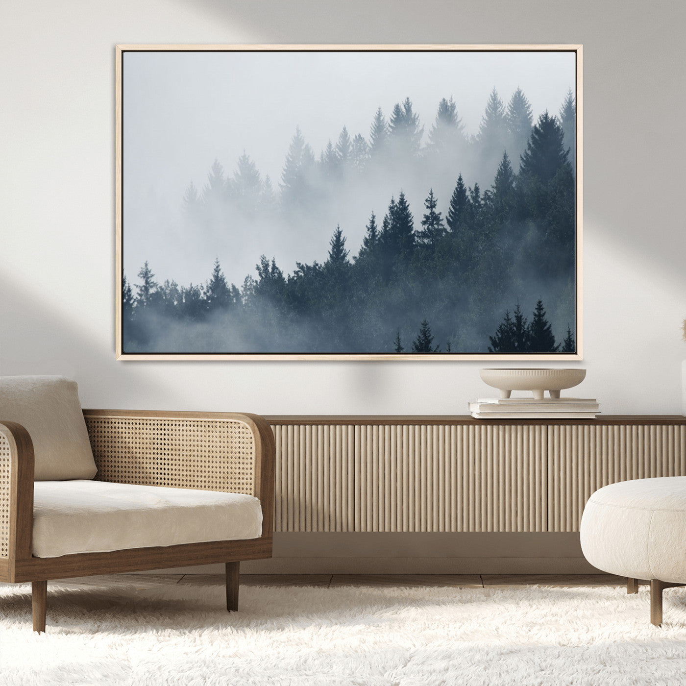 23671-MGV-CV-36X24-Misty Forest Wall Art – Serene Foggy Pine Trees Landscape Canvas Print, Tranquil Nature Decor for Living Room, Bedroom or Office