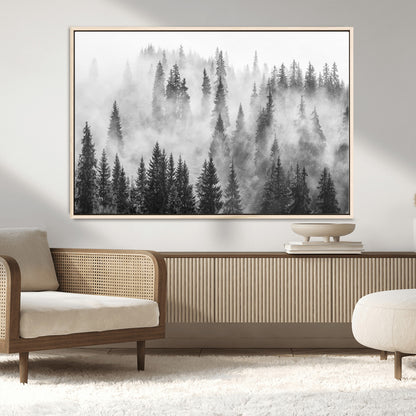 10422-MGV-CV-36X24-Misty Pine Forest Wall Art – Black and White Foggy Landscape Canvas Print, Serene Nature Woodland Decor for Bedroom, Office or