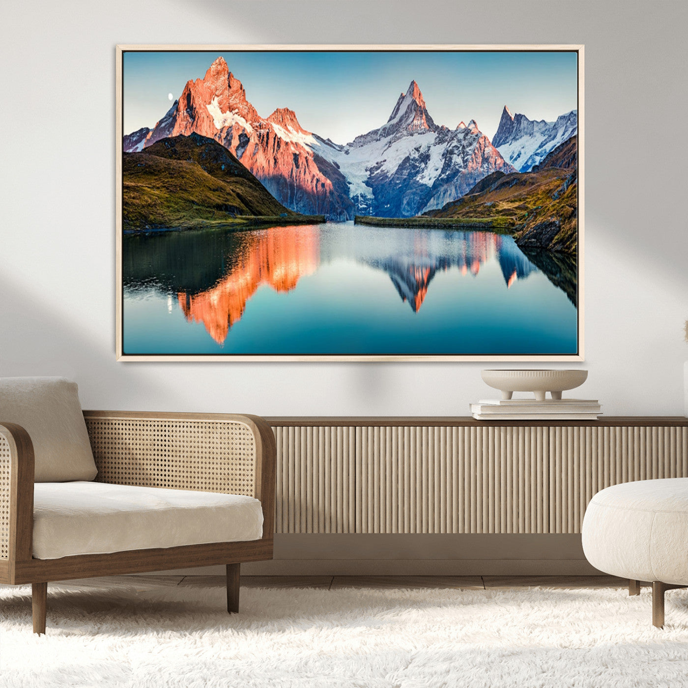 88453-MGV-CV-36X24-Mountain Lake Wall Art – Snow-Capped Peaks Reflected in Alpine Water Canvas Print, Nature Landscape Wall Decor for Living Room or