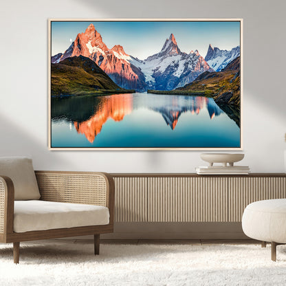 88453-MGV-CV-36X24-Mountain Lake Wall Art – Snow-Capped Peaks Reflected in Alpine Water Canvas Print, Nature Landscape Wall Decor for Living Room or