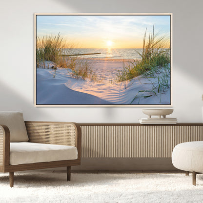 48907-MGV-CV-36X24-Beach Sunset Wall Art – Coastal Sand Dunes and Ocean View Canvas Print, Serene Seaside Landscape Painting for Living Room, Bedroom